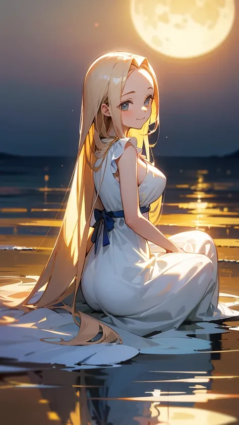 masterpiece, Highest quality, Super detailed, Outdoor, nature ,coastal, {Simple Background},Reflective Water, girl, White cotton dress, smile, Sitting on the floor, avert your eyes ,Beige hair, forehead、 Long Hair, Droopy eyes, Pale skin, Beautiful breasts...