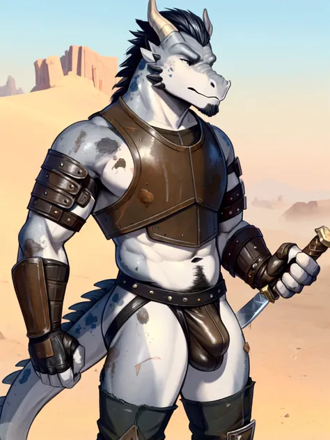 Solo Sexy young anthro scalie reptile dragon male mercenary medieval solider, slim mesomorph muscular, anthro handsome gay shorter muzzle, handsome gay model male apperance, sword scars, worn out leather skimpy armament, low on hips heavy leather belt, old...