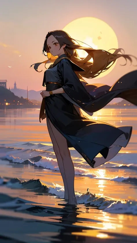 masterpiece, Highest quality, Super detailed, Outdoor, nature ,coastal, {Simple Background},Reflective Water, girl, Pirates、Leader, forehead、 Long Hair, Droopy eyes, Pale skin, Beautiful breasts, {A perfectly circular full moon} , in the evening, Nostalgic...