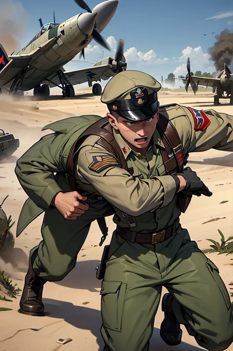 create a scene set in world war ii of brave soldiers on the battlefield in different scenarios with fighter planes