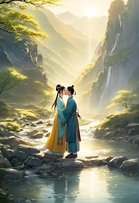 ancient china, spring morning with light sun light, in the foot of a mountain there is a stream, a man and a woman wearing hanfu standing next to the stream kiss each other