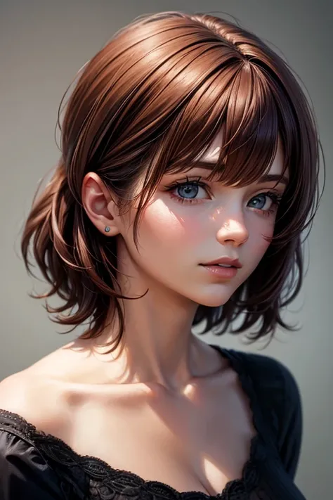 Realistic high detail portrait of a young woman with short messy dark auburn hair