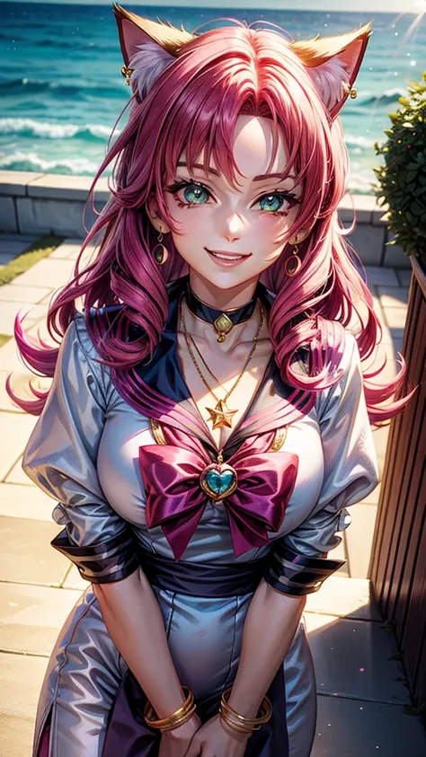 Magenta hair, green eyes, older woman, sailor scout clothes, hair jewel ornament, cat ears, necklace, long hair, smiling face