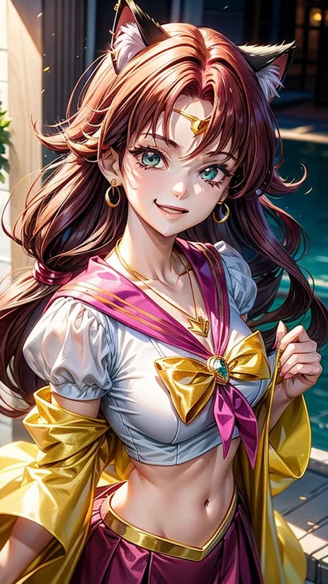 Magenta hair, green brown eyes, older woman, sailor scout clothes, hair jewel ornament, cat ears, necklace, long hair, smiling face, gold clothes