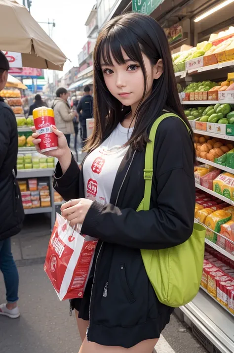 An anime girl in a market holding a GMO product 