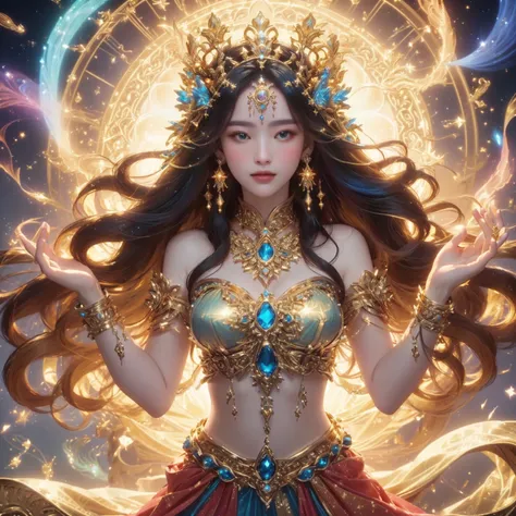 a woman in a gold dress, a gold crown, and a blue-yellow dress., gorgeous goddess of leo, celestial goddess, goddess. very high ...