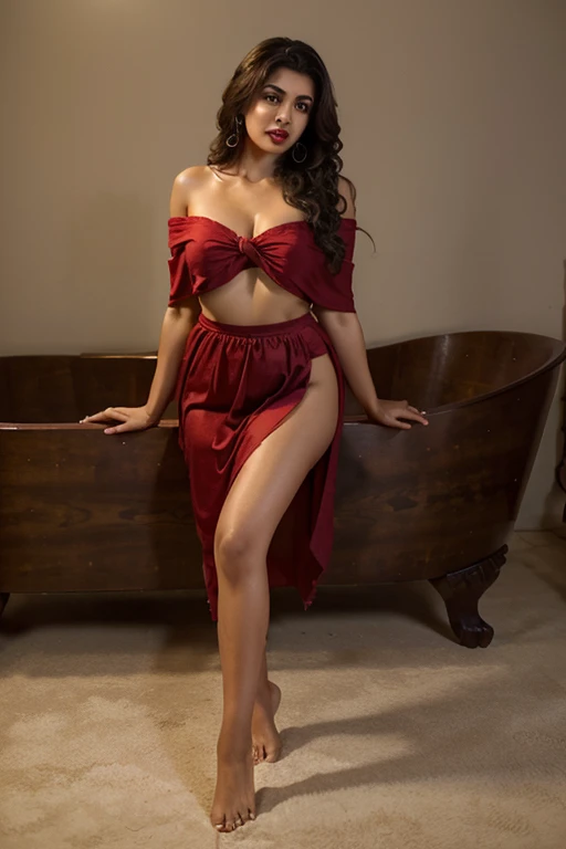 Tall ravishing Pakistani woman with long dark curly hair in flimsy off shoulder toga, chunky ornamental band around upper arm, prominent collarbone, long shapely legs, barefoot, full shot, plump red lips, sensual bow shaped mouth