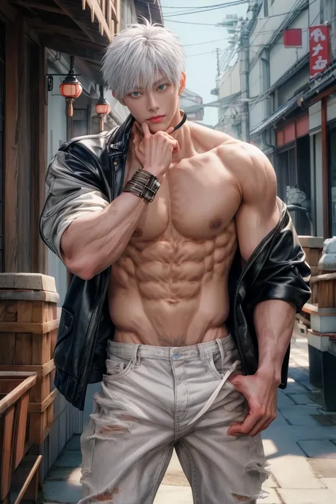 Japanese male model, adult, handsome, perfect face, detailed eyes and face, clean shaved, sixpack realistic, white eyebrow hair, white eyelashes, dynamic lighting, unreal engine 5, hd picture, satoru gojo, white hair, short hair ,hair between eyes ,blue ey...