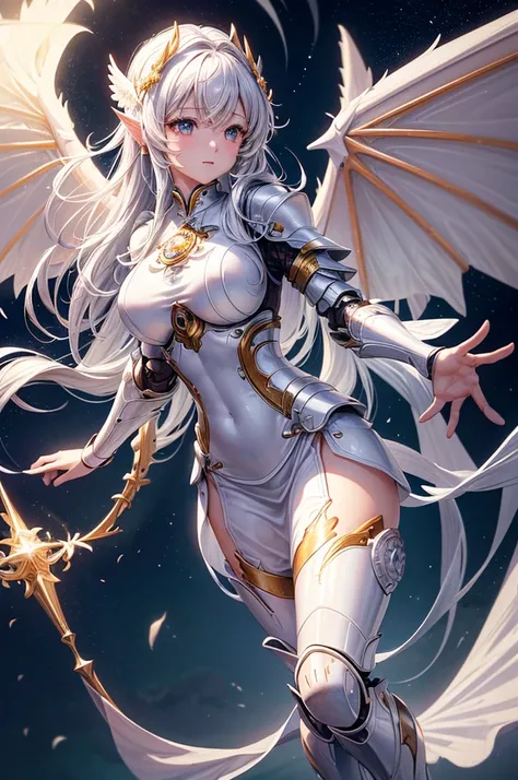 masterpiece, Highly detailed CG unified 8K wallpaper, 8K 超HD, Digital SLR Camera, high quality, Clean, ((Wearing white mechanical armor、Goddess with big wings, Holy Aura, magic, Flying in the sky)), Glowing eyes, light, Ultra-high resolution, Ultra-high de...