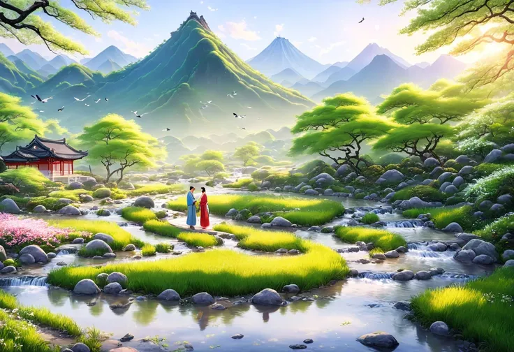 ancient china, spring morning with green trees and birds singing, in the foot of a mountain there is a stream, a man and a woman wearing beautiful hanfu kiss each other next to the stream in a far distance