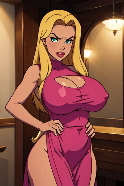 Damian Wayne(aka Robin/Son-of-Batman) transformed into a female blonde bimbo with gigantic breasts with erect nipples and thick lips and is dressed in a pink dress.