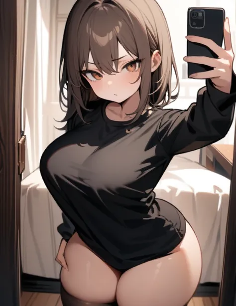 (masterpiece), best quality, expressive eyes, perfect face, demon girl, long light and dark brown hair, brown eyes, awkward expression, perfect round breasts, black long sleeve t-shirt, black shorts, black stockings, thick thighs, perfect arms and hands, h...