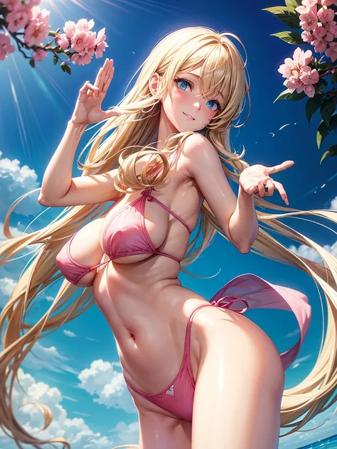 Anime style, super fine illustration, highly detailed, beautiful detailed, pale tone image, gentle expression, pretty 1girl with blonde straight short hair & blue eyes & a bright smile & super huge breasts like watermelons & pink nipples & soft fair skin i...