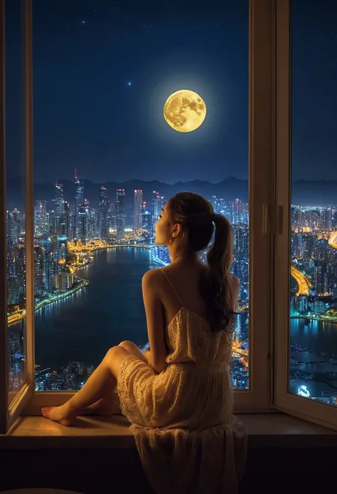 Girl sitting by window looking at night cityscape and full moon、Ultra HD、8k、delicate、Real、Neon lights glow golden、