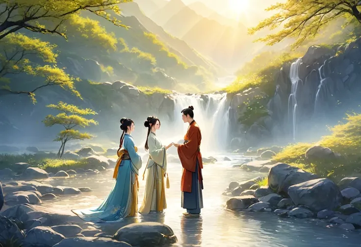 ancient china, spring morning with light sun light, in the foot of a mountain there is a stream, a man and a woman wearing hanfu standing next to the stream kiss each other