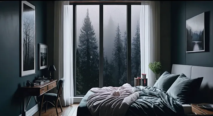 a bed sitting in a bedroom next to a window, a hyperrealistic painting, inspired by Gregory Crewdson, unsplash contest winner, youtube video screenshot, still from a nature documentary, rainy mood, style of aenami alena