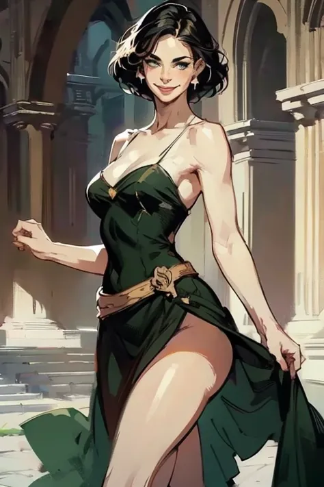 Beautiful 24 yo woman of Irish descent. athletic figure,(pale:1.4)complexion. raven black hair, green eyes, cute butt, nice legs. Kind eyes,(joy:1.3),(smile:1.2). Long flowing dress, high heels.Masterpiece, (highly detailed:1.2),(detailed face and eyes:1.2...