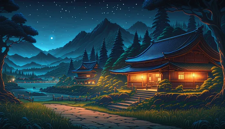 masterpiece, best quality, number, illustration, Anime style background, landscape, Low exposure, 4K resolution, Extreme details, Very detailed, night, light, Trees, Comfort, architecture