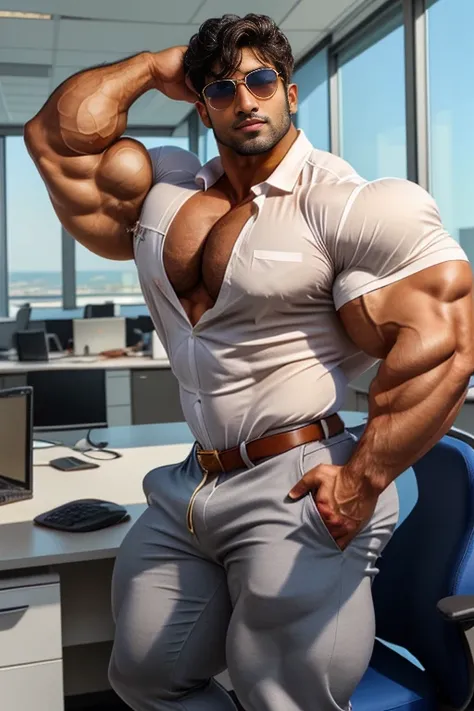 Handsome indian latino masculine strong bodybuilder man with huge wide muscular shoulders, wide chest, abs, masculine wide triceps, arms, biceps, big masculine legs, wide thighs, calfs, black-haired, hair falls on your face, Mesmerizing brown eyes, sun gla...