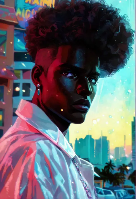 darkskin african male with large afro, 80s city aesthetic, miami vice costume (all white casual suit, black shirt, and white shoes), 80s anime aesthetic