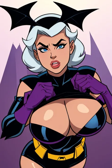 Batman transformed into a docile sexy female bimbo with huge breasts and thick lips