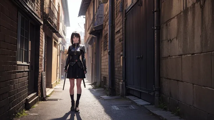 a girl standing putting her sword at right direction, angry, evil smile, old town alley wall background