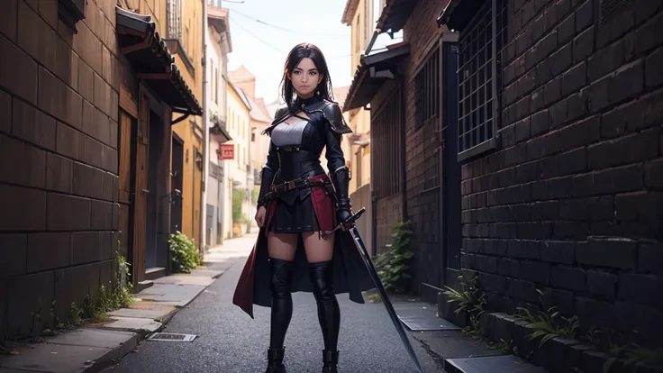 a girl standing putting her sword at right direction, angry, evil smile, old town alley wall background