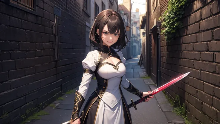 a girl standing putting her sword at right direction, angry, evil smile, old town alley wall background