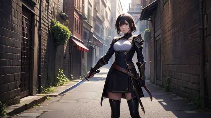 a girl standing putting her sword at right direction, angry, evil smile, old town alley wall background