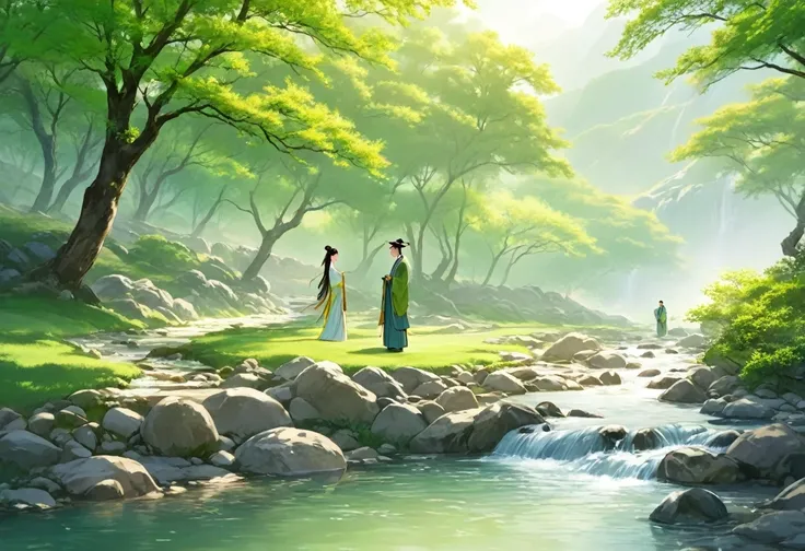 ancient china, spring morning with green trees, in the foot of a mountain there is a stream, a man and a woman wearing long hanfu standing on the bank of the stream kissing