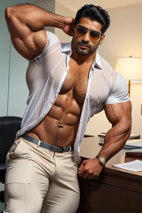 Handsome indian latino masculine strong bodybuilder man with huge wide muscular shoulders, wide chest, abs, masculine wide triceps, arms, biceps, big masculine legs, wide thighs, calfs, black-haired, hair falls on your face, Mesmerizing brown eyes, sun gla...