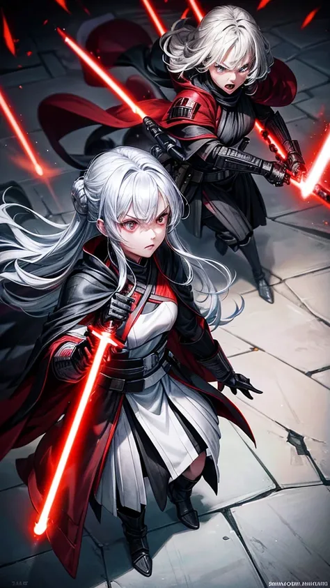 Star Wars reference; Sith Warrior, Assassin, bounty hunter, red lightsaber; opening attack, black pallete clothes and robes; full shining silver armor; female with angry expression; Empire Senate mini robes