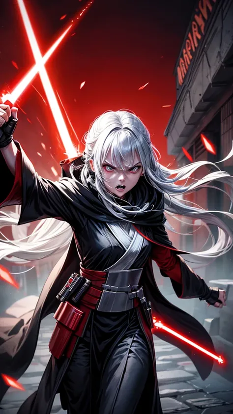 Star Wars reference; Sith Warrior, Assassin, bounty hunter, red lightsaber; opening attack, black pallete clothes and robes; full shining silver armor; female with angry expression; Empire Senate mini robes