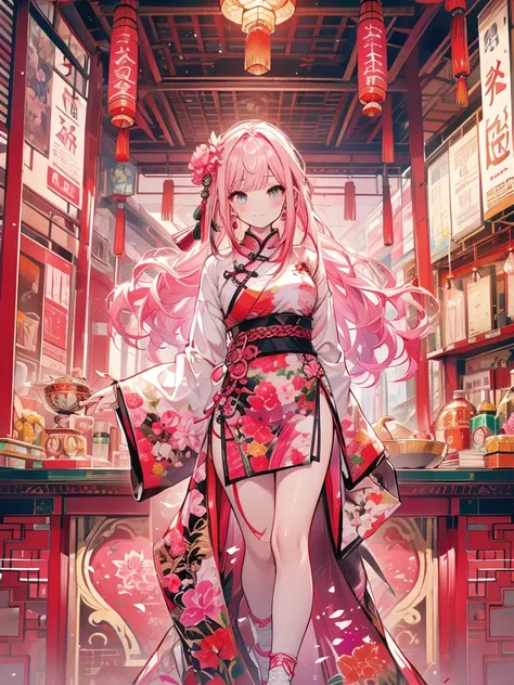 Chinese clothing, pink hair, pink, fighting with fists, one leg raised, knee bent