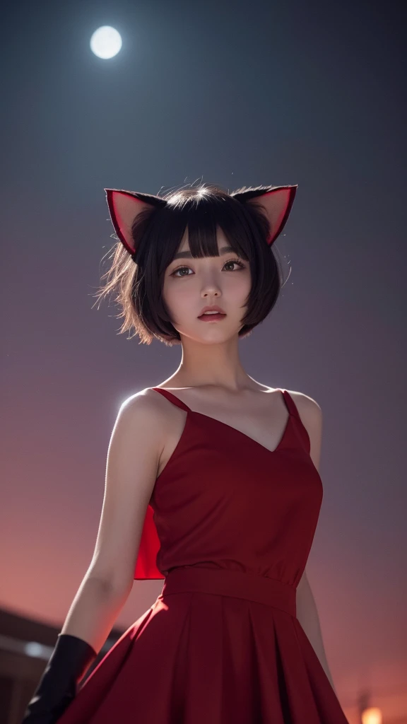 Delicate and dainty young woman with shiny bob-cut black hair and cat ears. She is wearing red only  mini-skirt dress. The background is a fantastic and ethereal night sky that seems to be haunted by a specter. Her expression is stern and atmospheric. Angl...