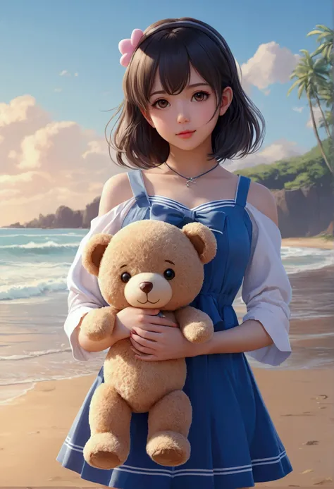 there is a woman holding a teddy bear on the beach, Kawaii realistic portrait, cute anime girl, anime visual of a cute girl, Soft anime CG art, artwork in the style of guweiz, portrait of cute anime girl, sweet portrait, beautiful anime portrait, beautiful...