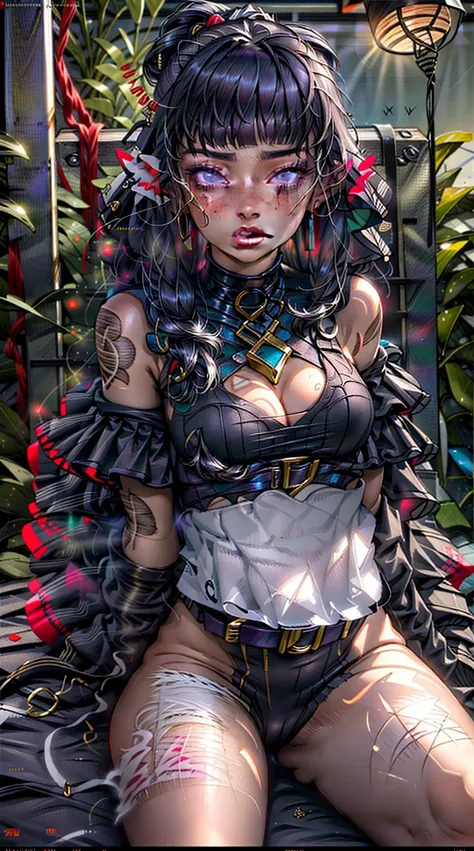 ((Best quality)), ((masterpiece)), (detailed: 1.4), Beautiful woman, one girl, very detailed eyes, very detailed hair, very detailed clothes, very detailed face. ((Purple eyes)), ((black hair, straight hair, long bangs)), ((elf ears)), earrings, piercing, ...