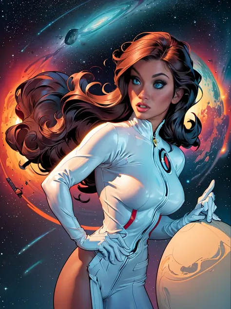 Rita Faltoyano wearing a tight white space suit with futuristic cybberpunk red trim, while flying through space on a surfboard. (((fully body))) on the comic panel, whole body, bold lineart illustration comics, alluring blue eyes, parted lips, perfectbody,...