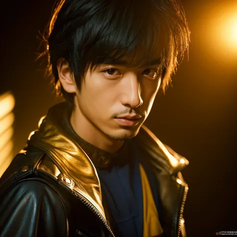 a japanese man with short hair wearing a leather jacket, in london, detailed face, photo realistic, cinematic lighting, 8k, highly detailed, studio lighting, sharp focus, volumetric lighting, dramatic shadows, warm colors, vibrant colors, golden hour light...