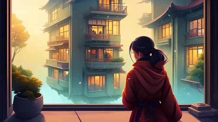 there is a girl looking out of a window at the night, lofi portrait at a window, looking in the window, portrait of mulan, cyril rolando and goro fujita, in style of cyril rolando, calm night. digital illustration, cartoon style illustration, lofi art, in ...