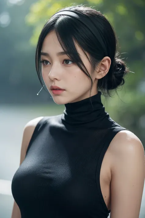 score_9, score_8_up, score_7_up, 1girl, solo, breasts, short hair, dress, bare shoulders, medium breasts, closed mouth, upper body, white hair, hairband, sleeveless, mole, blurry, black dress, lips, wet, depth of field, blurry background, turtleneck, phone...