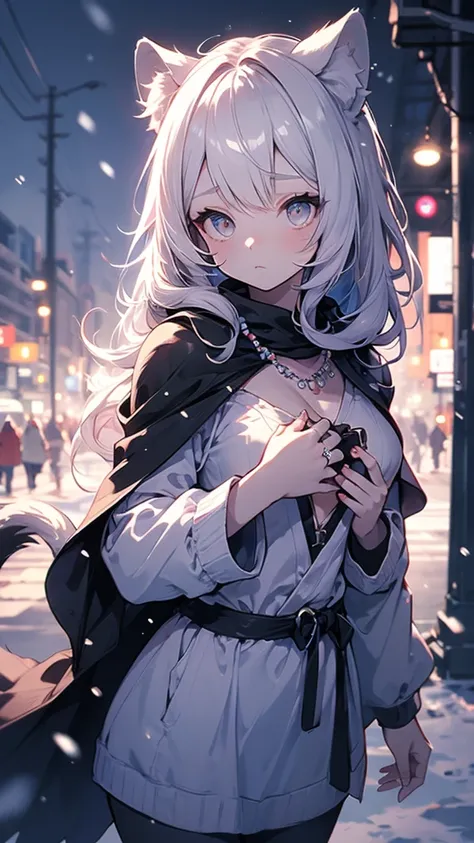 (masterpiece, best quality:1.2),1 girl, upper body,tail, large tail, white hair, very long hair, curls, gray eyes, detailed eyes...