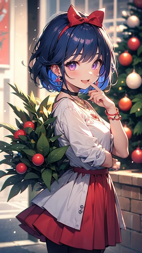 1 girl, bangs, blue hair, bow, box, bracelet, christmas, christmas tree, cowboy shooting, skirt, earrings, fishing net, flower, ...