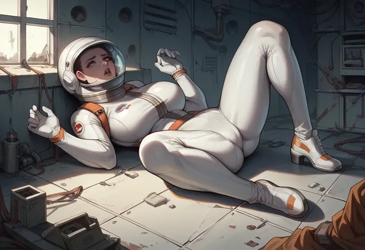 Masterpiece , best quality , Masterpiece , best quality , 1 woman , astronaut suit , Put on a hat. , big breasts , abdomen , Beautiful legs , Lie down on the floor.. , attacked. , spread your legs , shoe , full body , abandoned factory