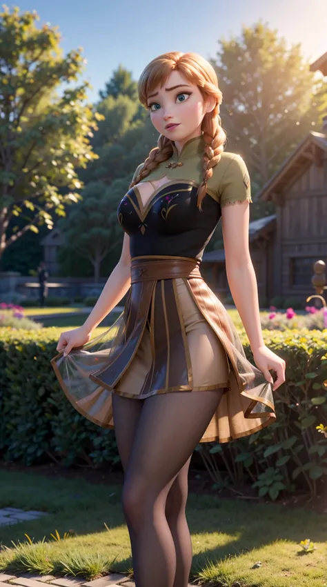 Photo of Anna of Arendelle wearing thight transparent pantyhose crotch, miniskirt lift, huge breasts, high heels, sun shiny day