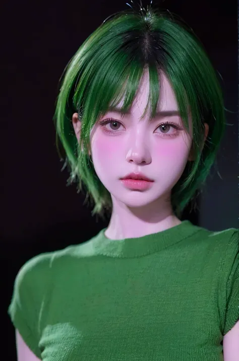 HDR, UHD,8K, face High Quality, nokiapretty, sweather, (((black background 8k))), Medium Hush Cut hair, greenhair,