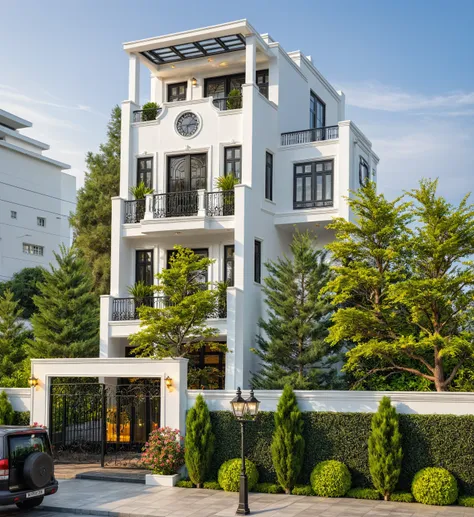 neo classical villa on street, (sunset), tropical tree, vivid colour, streetcapes, black detail, white wall, large glass door, w...