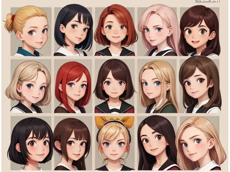 (Best quality, masterpiece), group photo of 8 very different beautiful students, different emotions, Free postures, Different hair colors(among them there is only 1 redhead, 3 blondes, 2 brown-haired and 2 brunettes), Different hairstyles, different hair l...