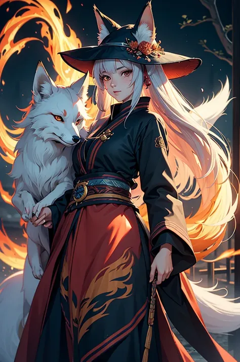 1 girl,One,, official art, unity 8k wallpaper, Ultra detailed, Beautiful and aesthetic, Beautiful, masterpiece, Best quality,, Kitsune witch, Fox Mask, haori jacket, fox fire spell, Familiar Fox, transformation,