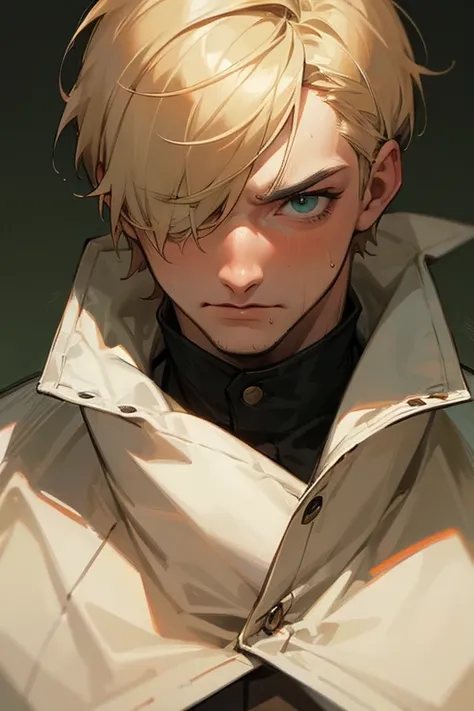 ((Best quality)), ((masterpiece)), (detailed), adult man, aggressive, brutal, short blonde hair, sharp facial features, One Eye Blue, and the second one is green, 